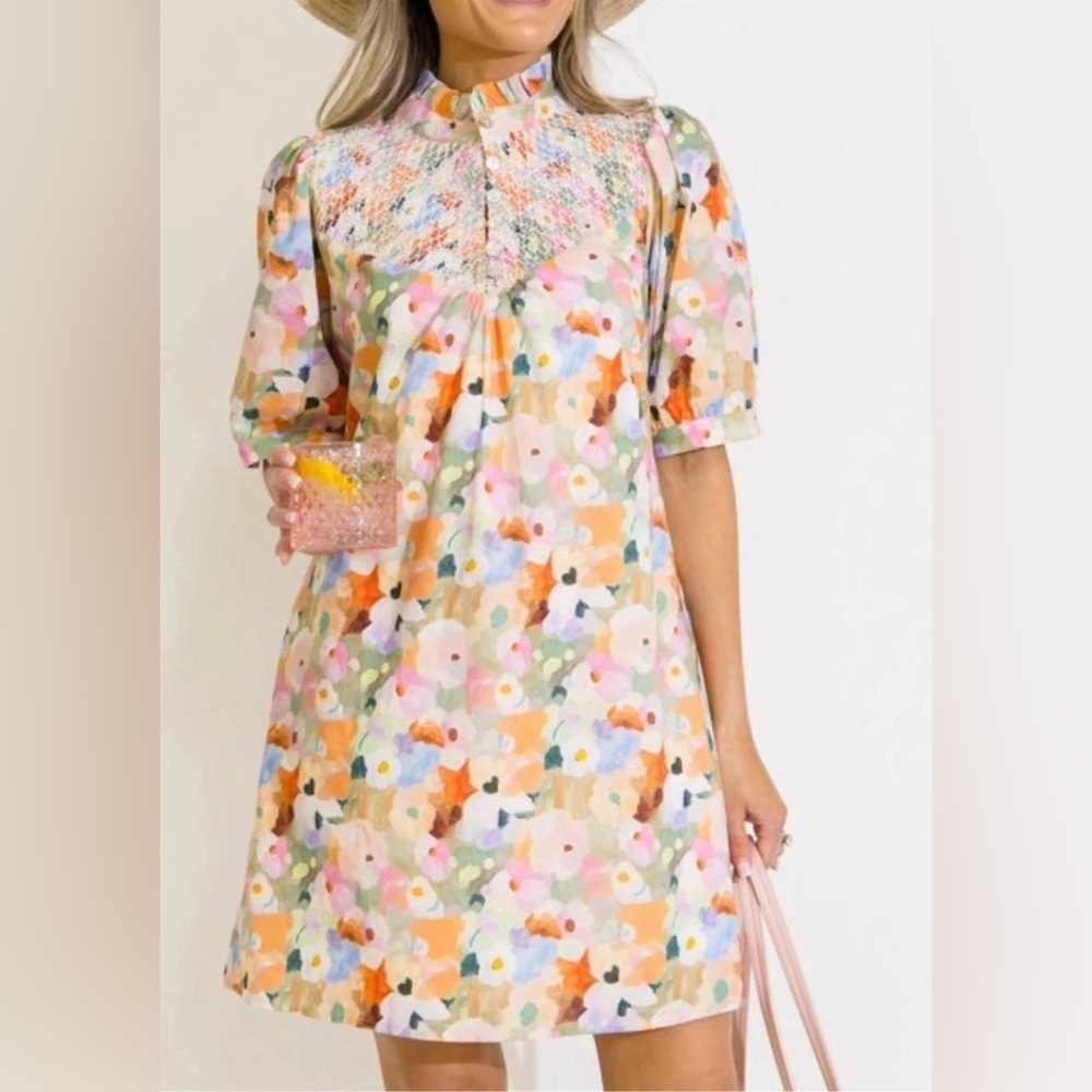 Lovelo Take The Hint pink abstract painted smocked floral mini dress cotton